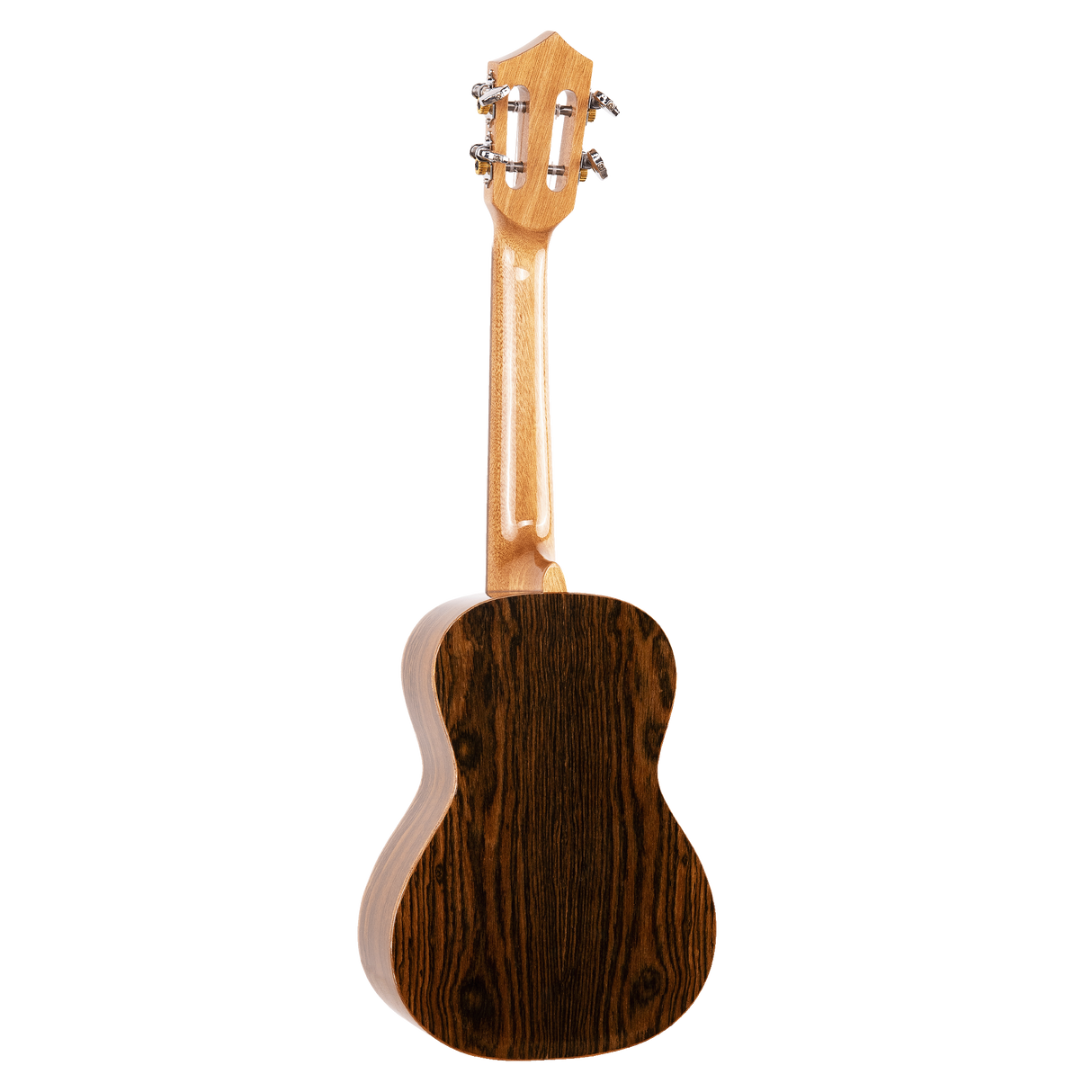 The backside of a ukulele with figured wood on a white background