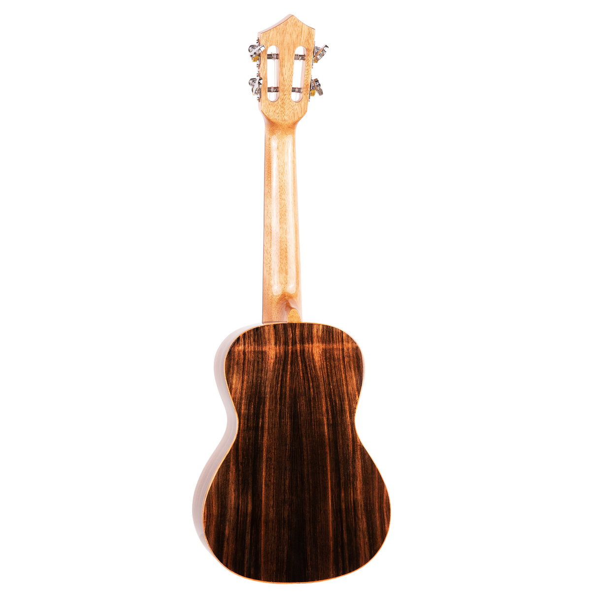 The backside of a ukulele with dark wood on a white background