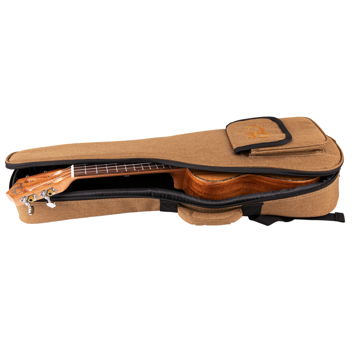 A ukulele inside of a tan gig bag with Eddy Finn branding on a white background