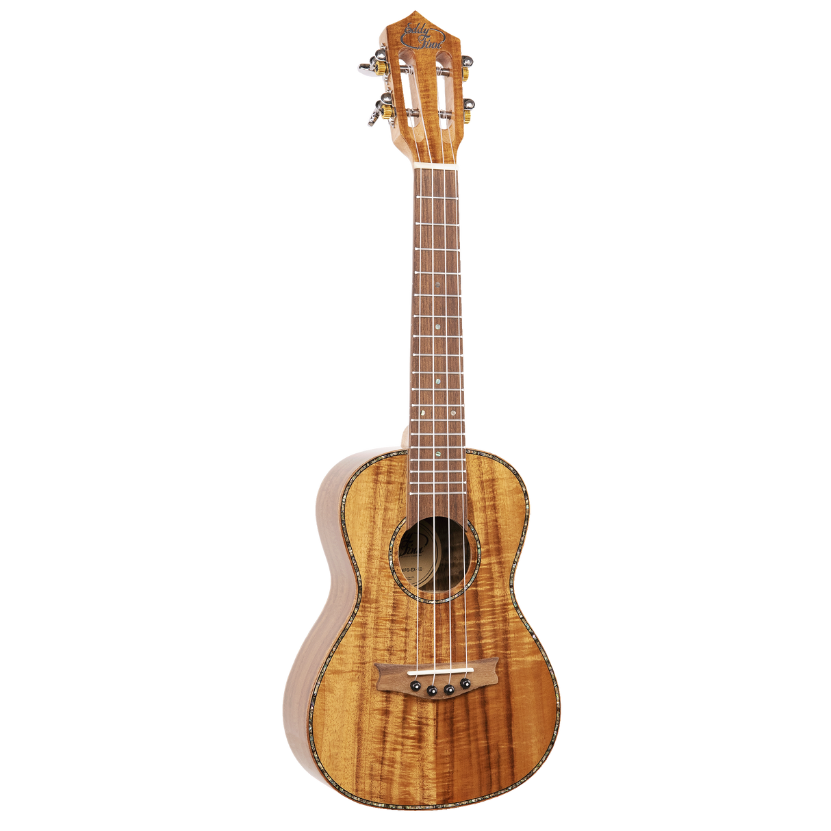 A ukulele with light colored wood and Eddy Finn branding on a white background