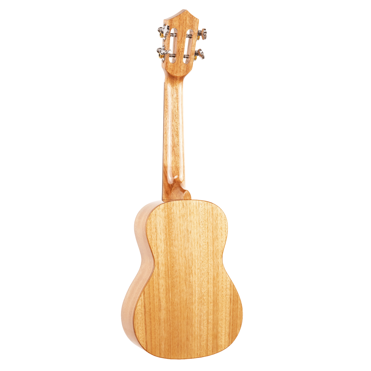 The backside of a ukulele with light colored wood on a white background