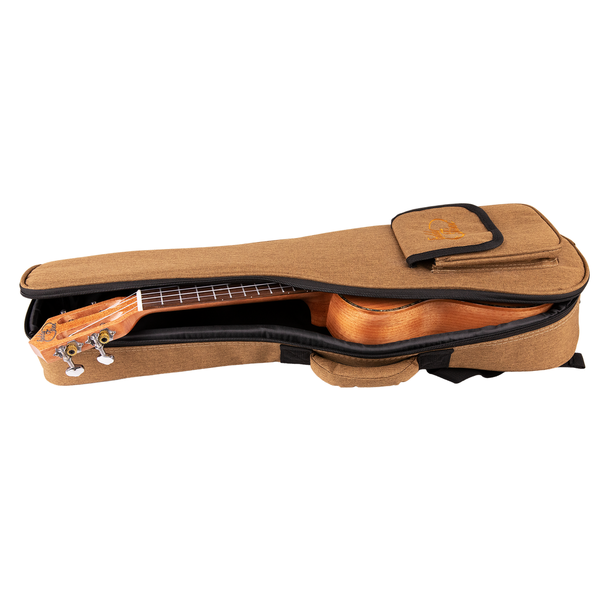 A ukulele inside a tan colored gig bag with Eddy Finn branding on a white background