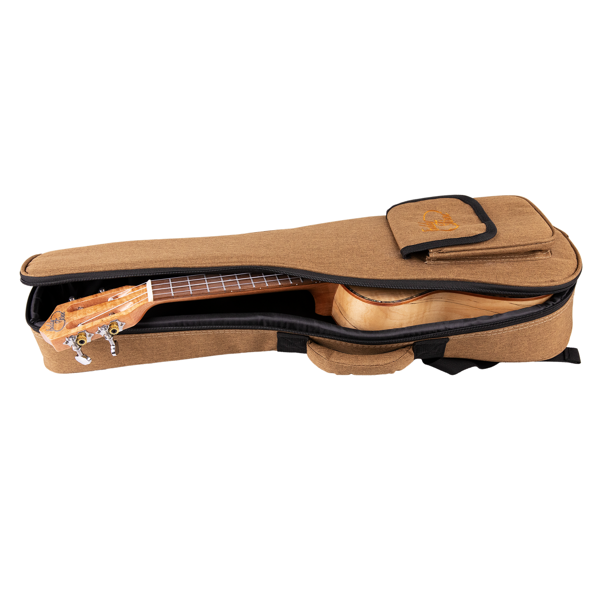 A ukulele inside a tan colored gig bag with Eddy Finn branding on a white background