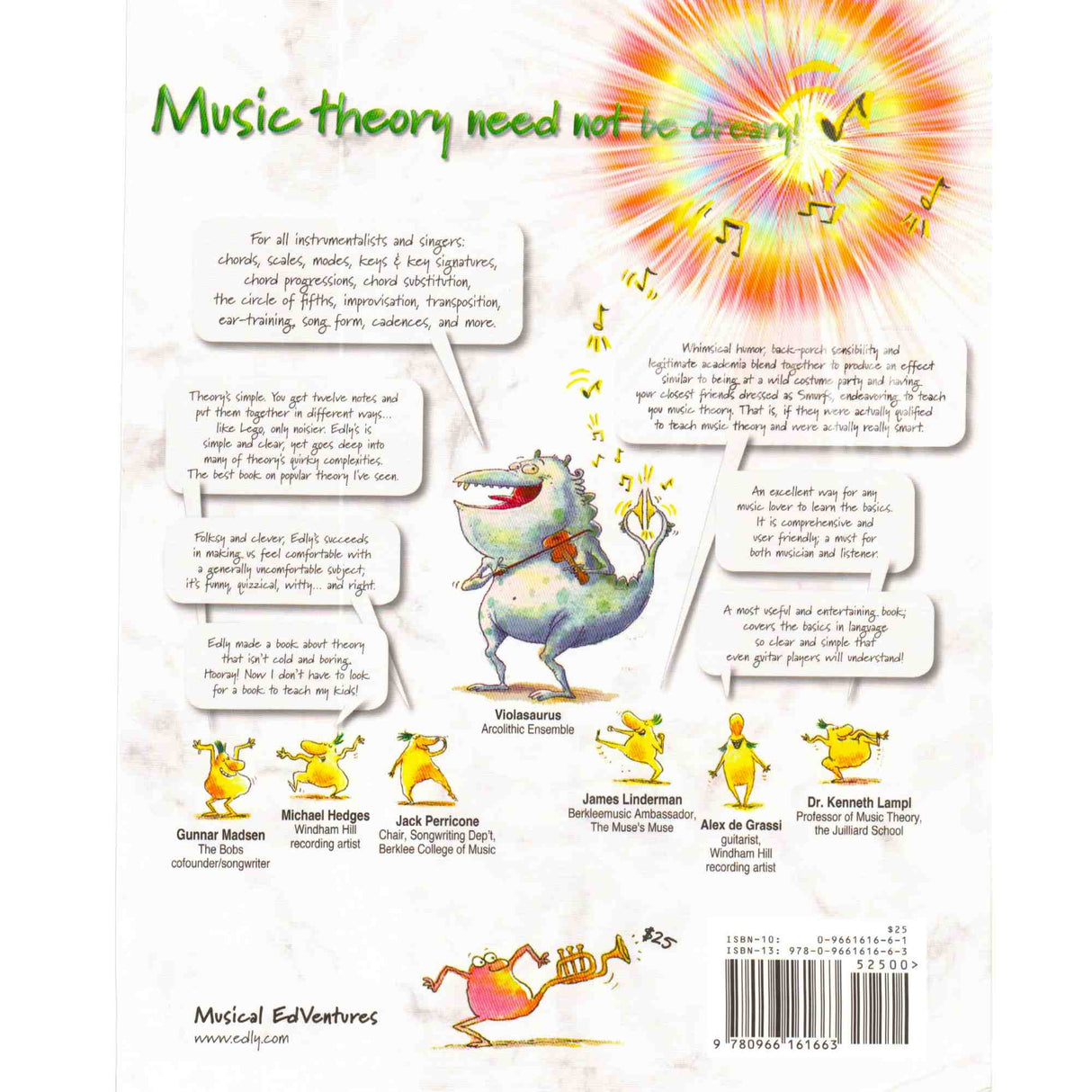 Back cover of a book with cartoon characters and text about music theory, featuring a colorful sun illustration.