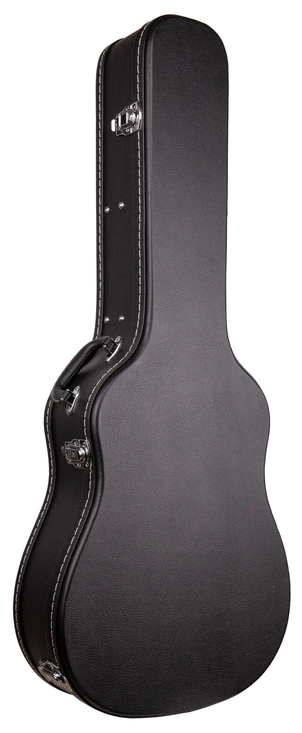 The image shows a black guitar hard case with a textured exterior, multiple chrome latches, reinforced edges, metal corner protectors, and a side handle. It is guitar-shaped to fit acoustic or electric guitars and provides strong protection during transport and storage, making it ideal for musicians needing durable, impact-resistant instrument protection.