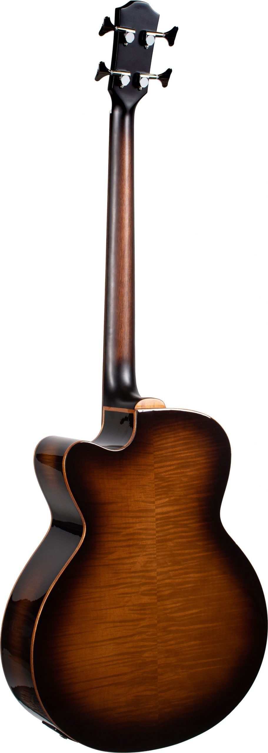 The image shows the back of a 4-string acoustic bass guitar with a sunburst finish fading from dark edges to amber center. It features a cutaway body, flamed wood grain, and light binding around the hollow body. The dark headstock has four black tuning pegs, and the wooden neck matches the body’s color. The instrument appears well-crafted, likely mid to high-end, designed for unplugged playing or natural, mellow bass tones.