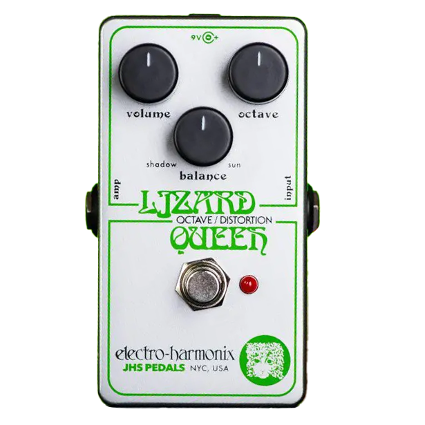 Front view of the Electro-Harmonix Lizard Queen Nano pedal. The pedal has a white chassis with green lettering and artwork.