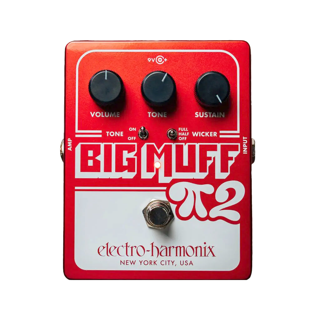 Front view of the Electro-Harmonix Big Muff PI 2 With Tone Wicker guitar pedal. The chassis is red with black knobs and white brand art and lettering.
