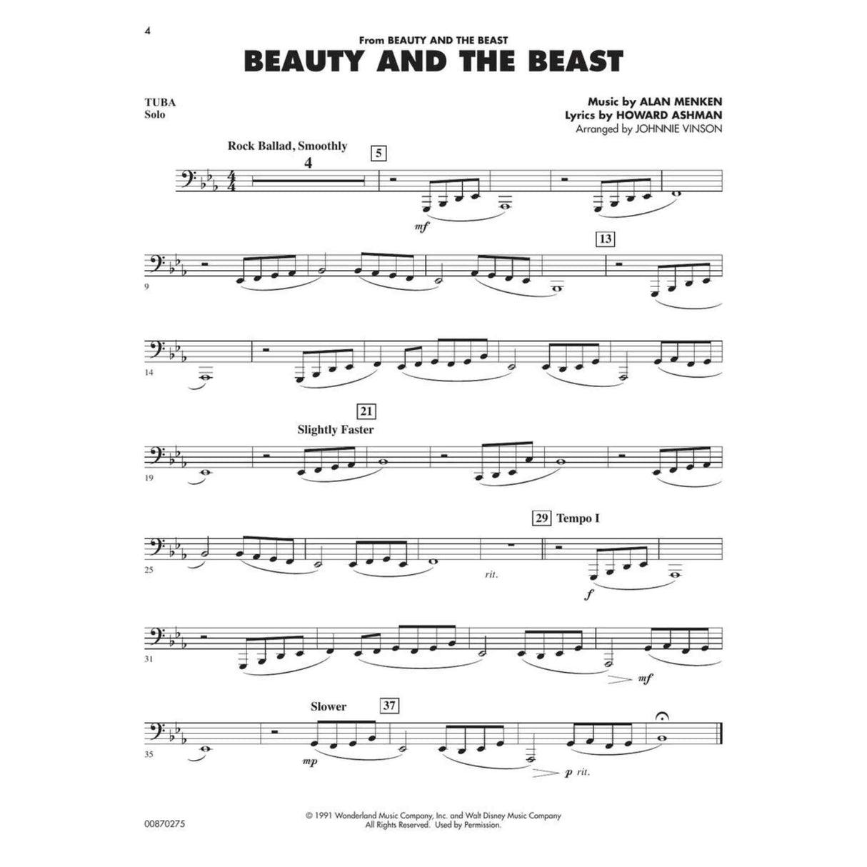 Sheet music for 'Beauty and the Beast' for Tuba by Alan Menken and Howard Ashman, arranged by Johnnie Vinson.