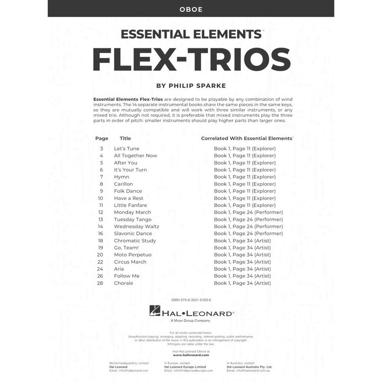 Table of Contents for the music book 'Essential Elements Flex-Trios' by Philip Sparke, featuring a list of pieces.