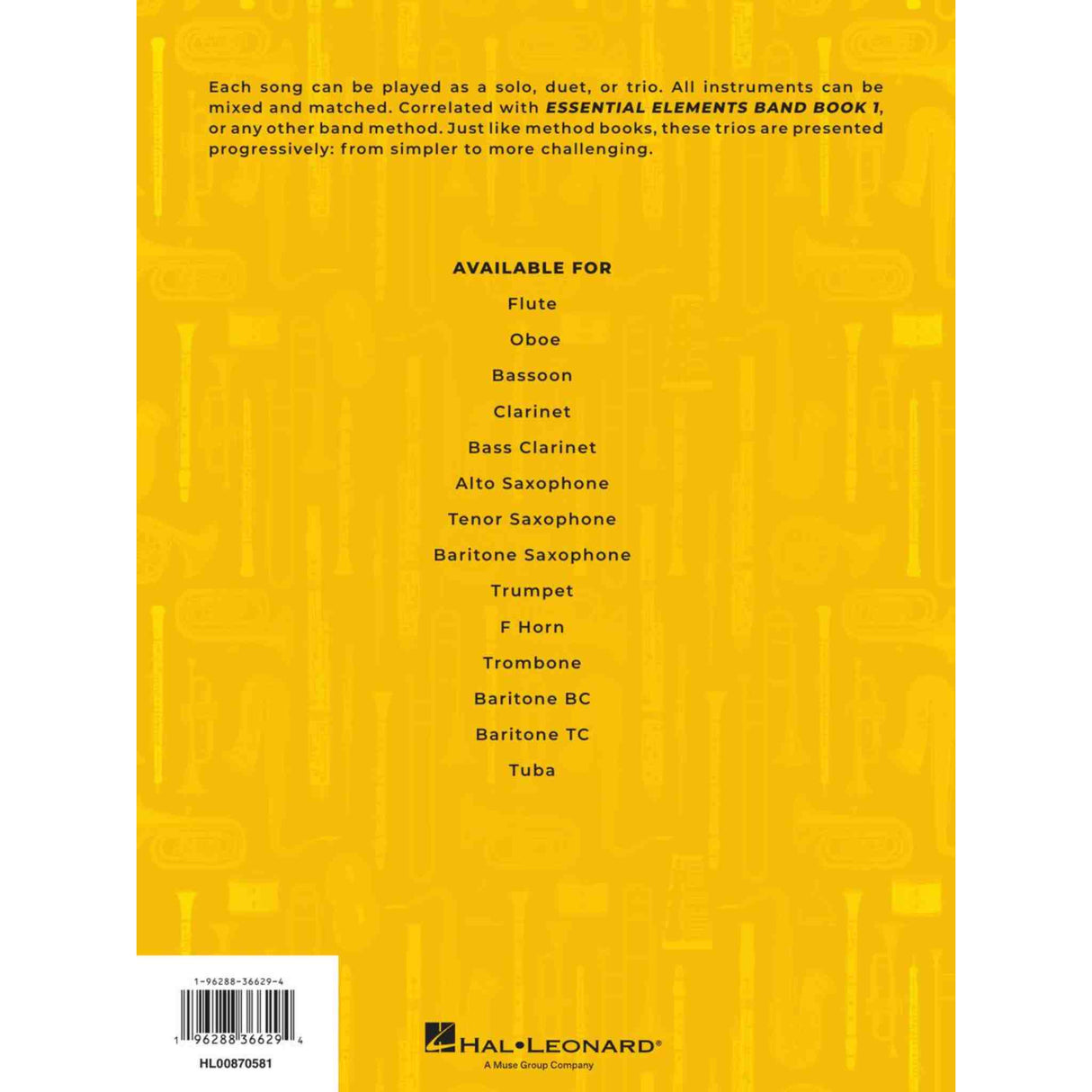 Back cover of the music book, Essential Elements Flex-Trios Obie Edition, with instrument listings on a yellow background
