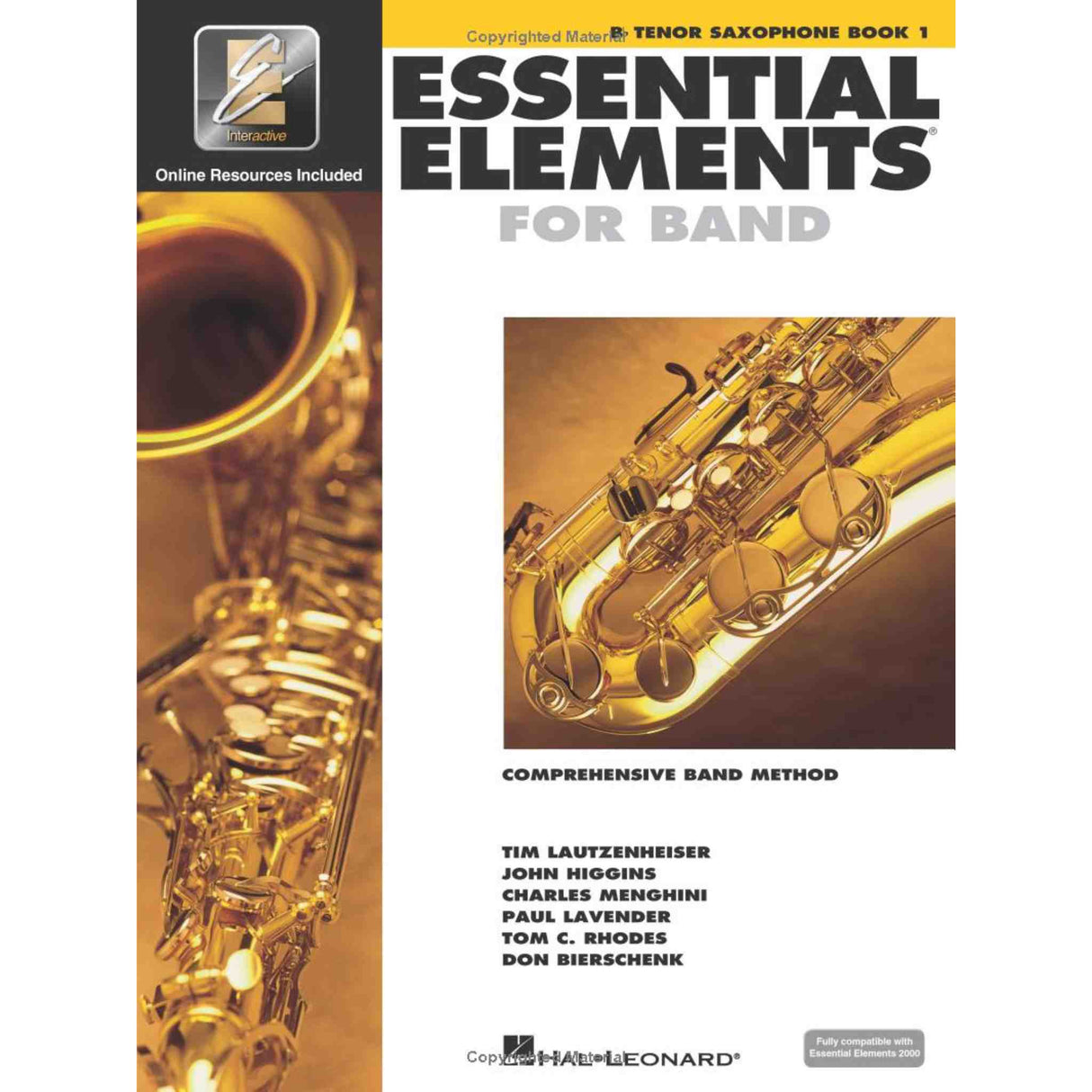 Book cover of 'Essential Elements for Band' for tenor saxophone book 1 with a saxophone on a yellow background