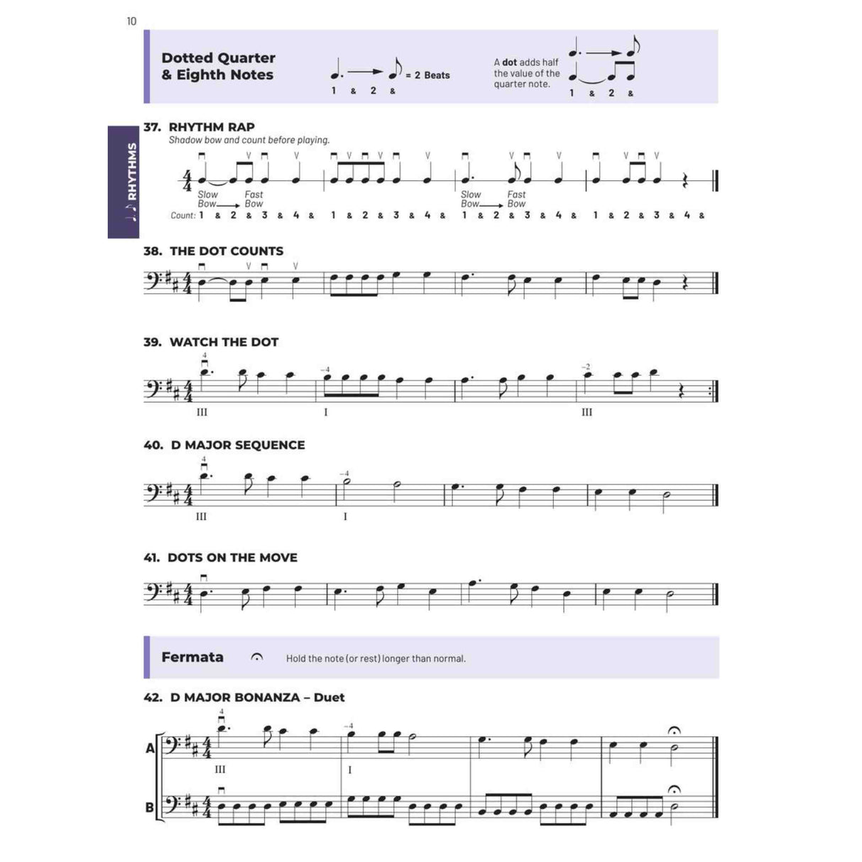 Print music for Double Bass with dotted quarter & eighth note lessons.