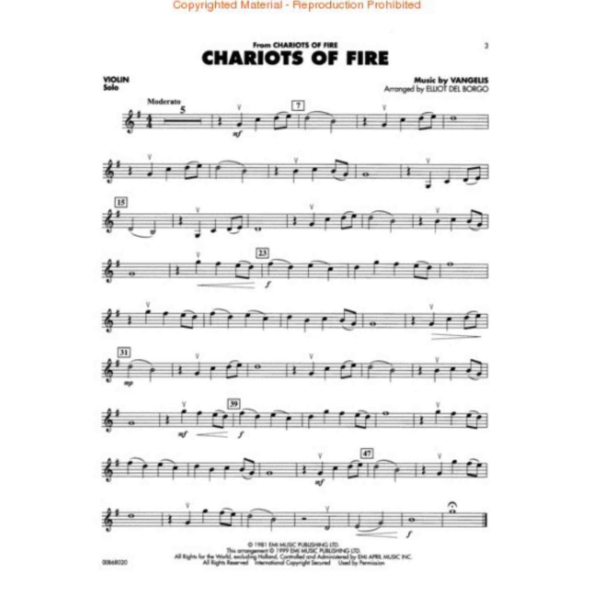 Violin Sheet music for 'Chariots of Fire' by Yangelis, arranged by Eugenio de Borgo.