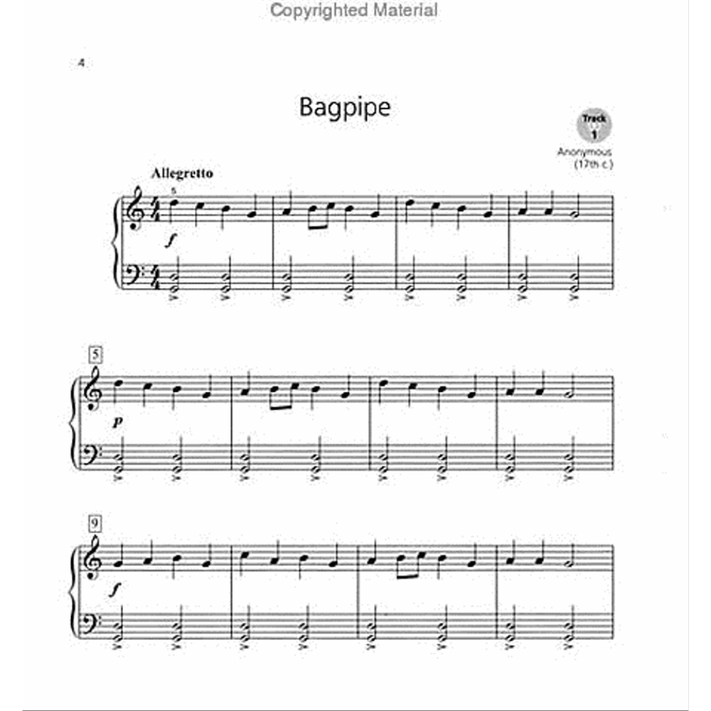 The image shows sheet music titled "Bagpipe," an anonymous 17th-century piano piece marked Allegretto in 4/4 time. It features a grand staff with dynamic markings (f, p) and a melodic treble line mimicking bagpipe sounds, accompanied by sustained chords in the bass. The professionally typeset score includes a "Copyrighted Material" watermark, suggesting it’s from a music collection.