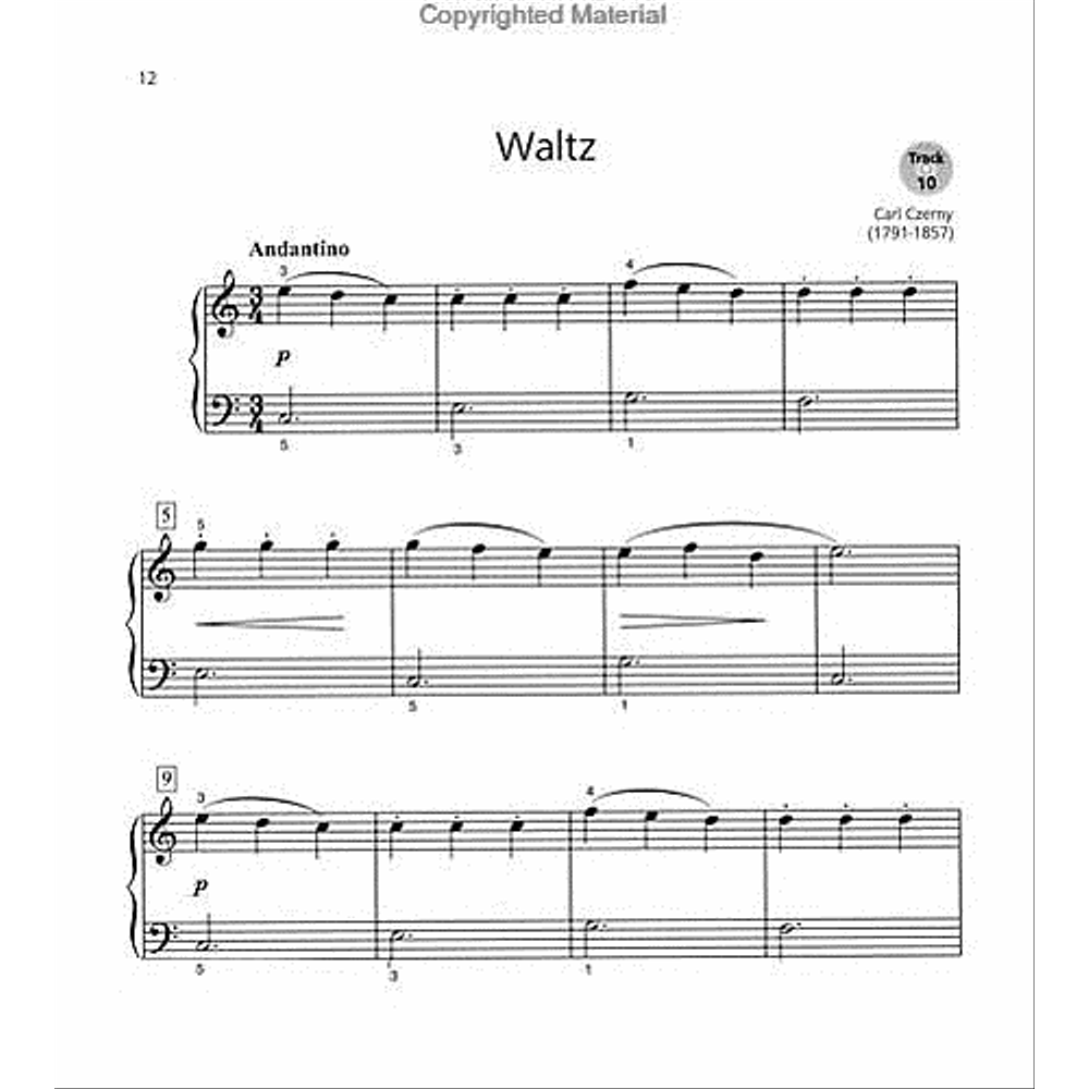 The image shows a page of piano sheet music for Carl Czerny’s waltz (Track 10). It features a grand staff with treble and bass clefs, an Andantino tempo, 3/4 time signature, and a piano (soft) dynamic. Measures 1-12 include slurred melodic phrases in the right hand and sustained harmonic notes in the left, typical of waltz style. The piece is likely from an intermediate piano method book.