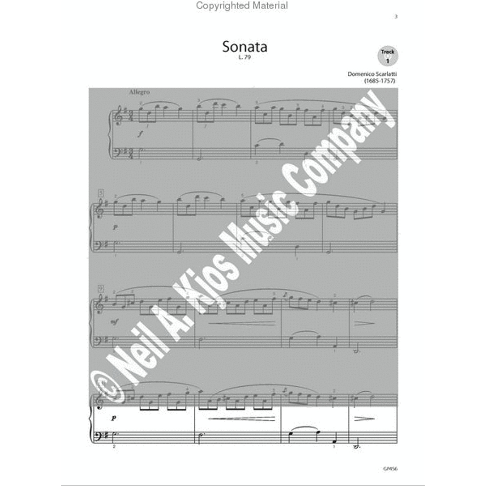The image shows a page of sheet music for Domenico Scarlatti’s Sonata L. 79, featuring piano notation with treble and bass clefs, an "Allegro" tempo marking, notes, rests, slurs, dynamics ("f" and "p"), measure numbers, rehearsal letters, and a Track 1 label. It includes a "Neil A. Kjos Music Company" watermark and a "Copyrighted Material" notice, likely from a published piano instruction or performance collection.