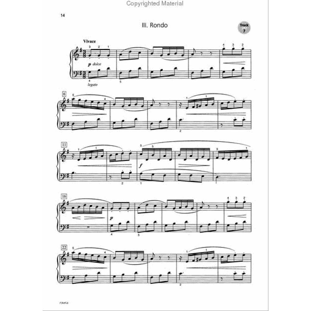 The image shows a page of classical piano sheet music titled "III. Rondo," the third movement of a larger work. It features a grand staff in 6/8 time with a "Vivace" tempo and "p dolce" dynamic markings. Fingering numbers appear above notes, with measures numbered 6, 11, 16, and 22. The music includes typical classical elements like slurs, ties, and mixed note values, indicating an active, expressive piano part in a professional, published edition.