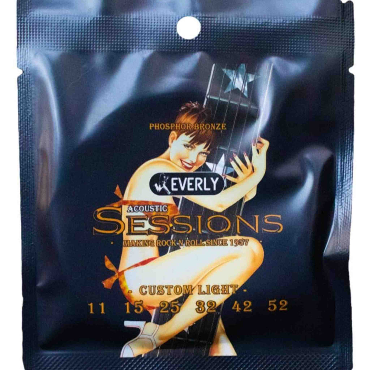 The image shows a package of Everly Acoustic Sessions phosphor bronze guitar strings. It’s a Custom Light set with gauges 11-52, designed for a balanced tone and playability. The black sealed pouch features artistic imagery of a person with a guitar. Everly, established in 1967, highlights its long heritage with the phrase "Making Rock N' Roll Since 1967."