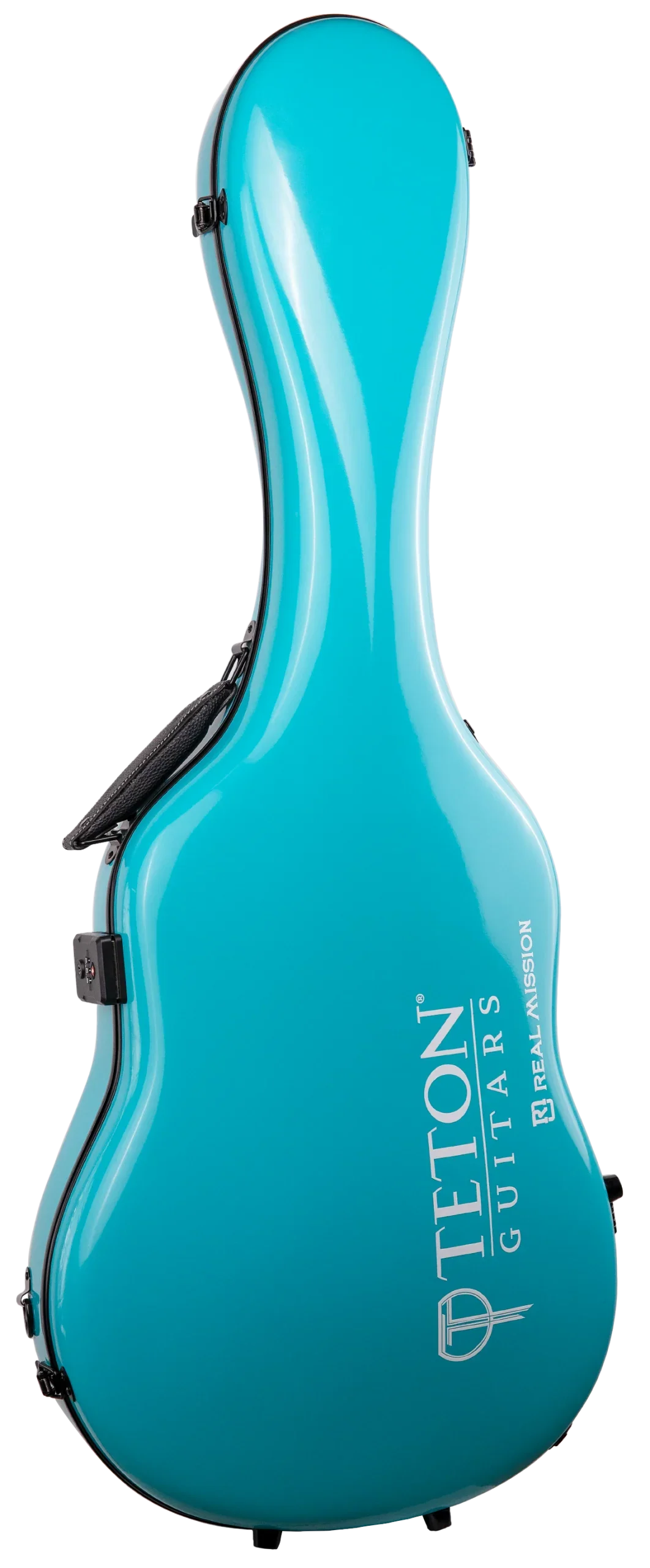 The image shows a modern hard shell guitar case from Teton Guitars in a glossy turquoise/teal finish. It features the distinctive guitar shape with "TETON GUITARS" and "BOZEMAN" in white lettering on the front. Made of molded fiberglass or similar material, it has black latches and a carrying handle. The bright color makes it stand out, offering strong protection and a sleek, professional look.