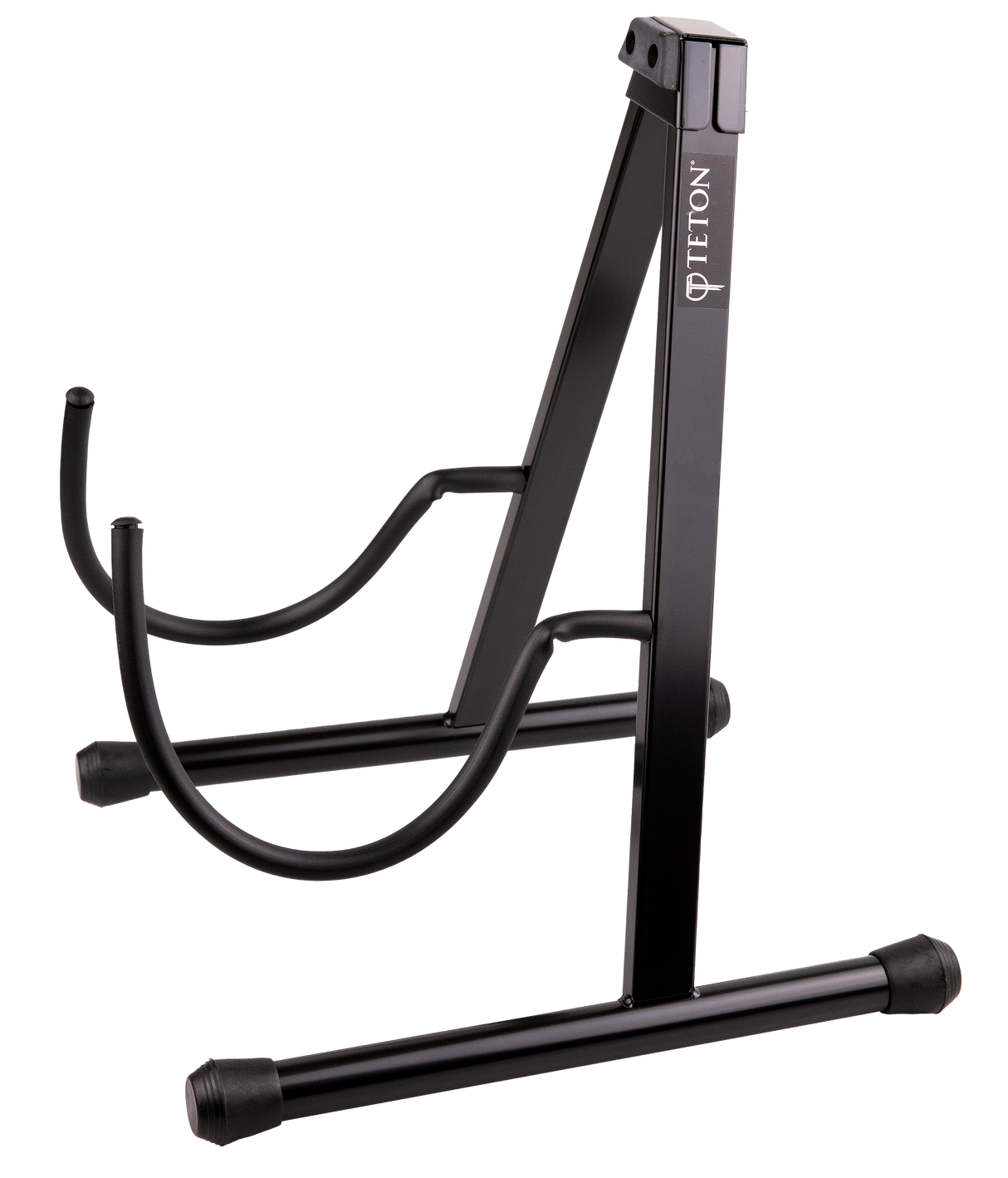 The image shows a Teton floor-standing guitar stand with a black metal A-frame design. It has rubber feet to prevent slipping, curved arms to hold acoustic or electric guitars securely, and a neck support for the headstock. The "TETON" logo is visible on the vertical support. Rubber padding protects the guitar's finish. This stand safely stores and displays most standard guitars, preventing damage when not in use.