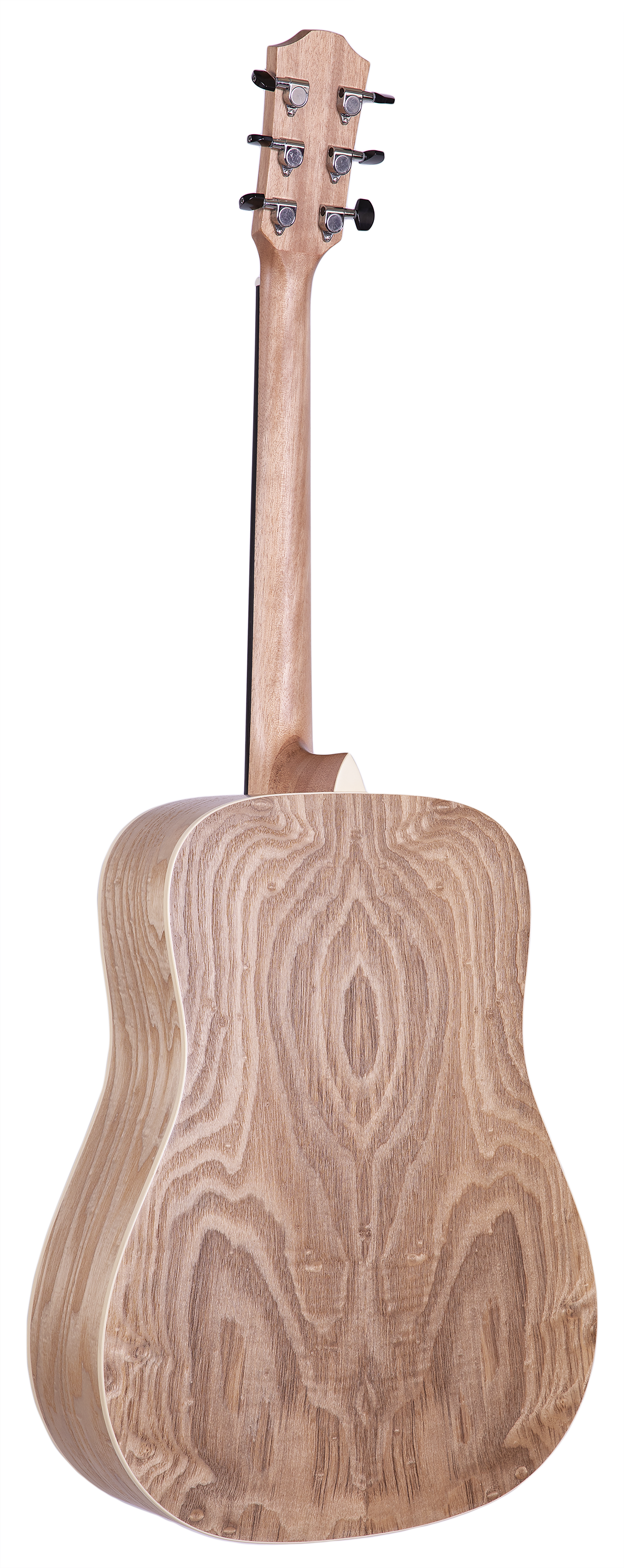 The image shows the back of an acoustic guitar, highlighting the wooden body, neck, and tuning pegs on the headstock. The wood grain and finish are clearly visible.