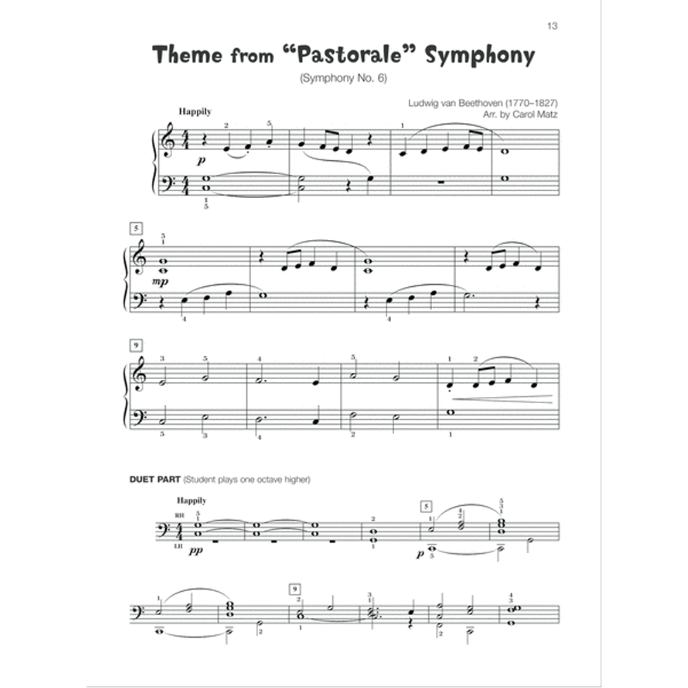 The image shows a page of piano sheet music for Beethoven's "Theme from 'Pastorale' Symphony No. 6," arranged by Carol Matz. It includes the main melody in treble and bass clefs, dynamics (p, mp), a "Happily" tempo marking, measure numbers, and fingering. A "DUET PART" section in bass clef instructs the student to play one octave higher, indicating it’s from a piano lesson or duet book.