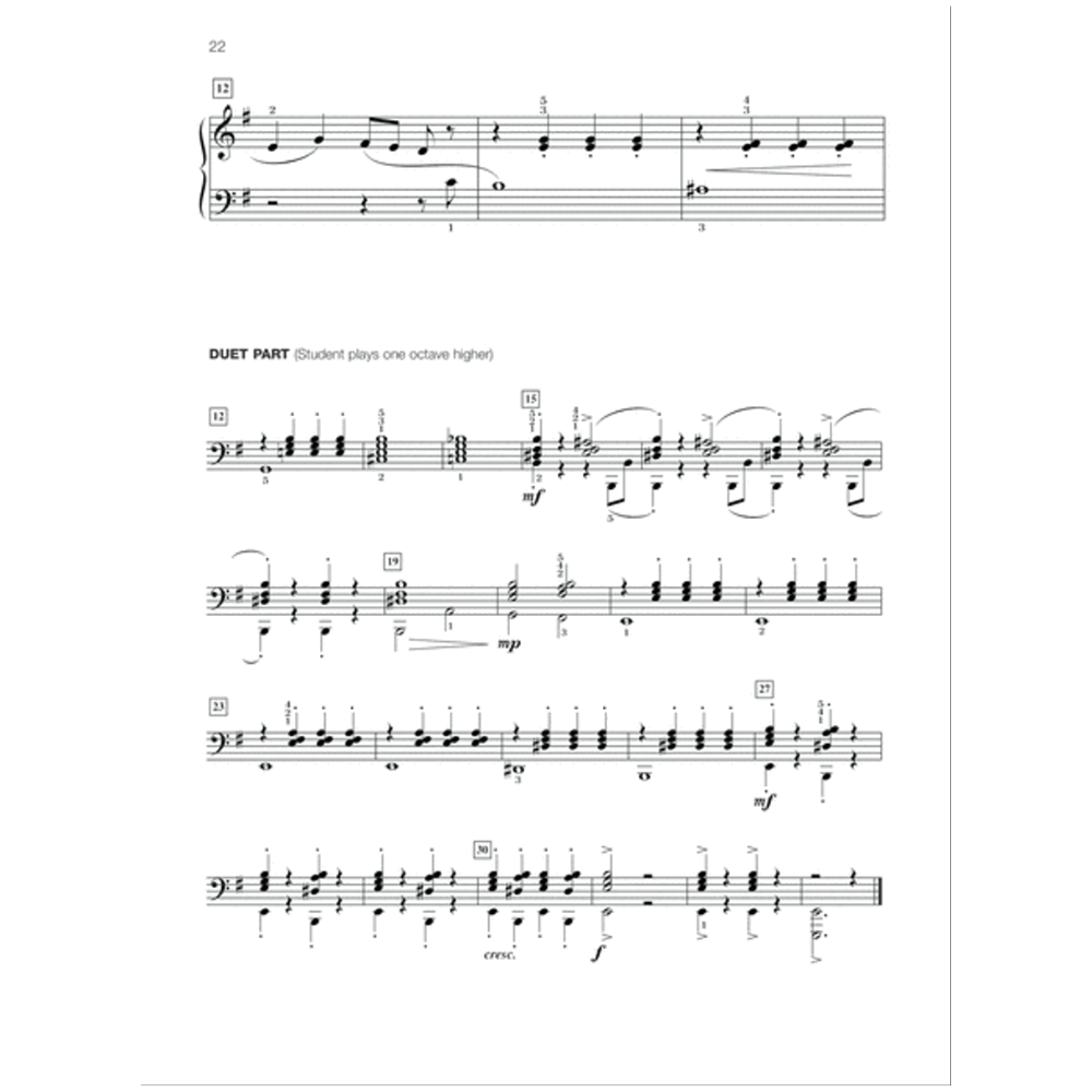 The image shows a page of piano sheet music featuring treble and bass clefs, musical notes, rests, and rhythmic patterns. It includes measure numbers, dynamic markings like "mf" and "mp," performance instructions such as "cresc.," fingering numbers, and a duet section labeled for student one octave higher. The layout suggests it’s from a beginner to intermediate piano method book with solo and duet parts.