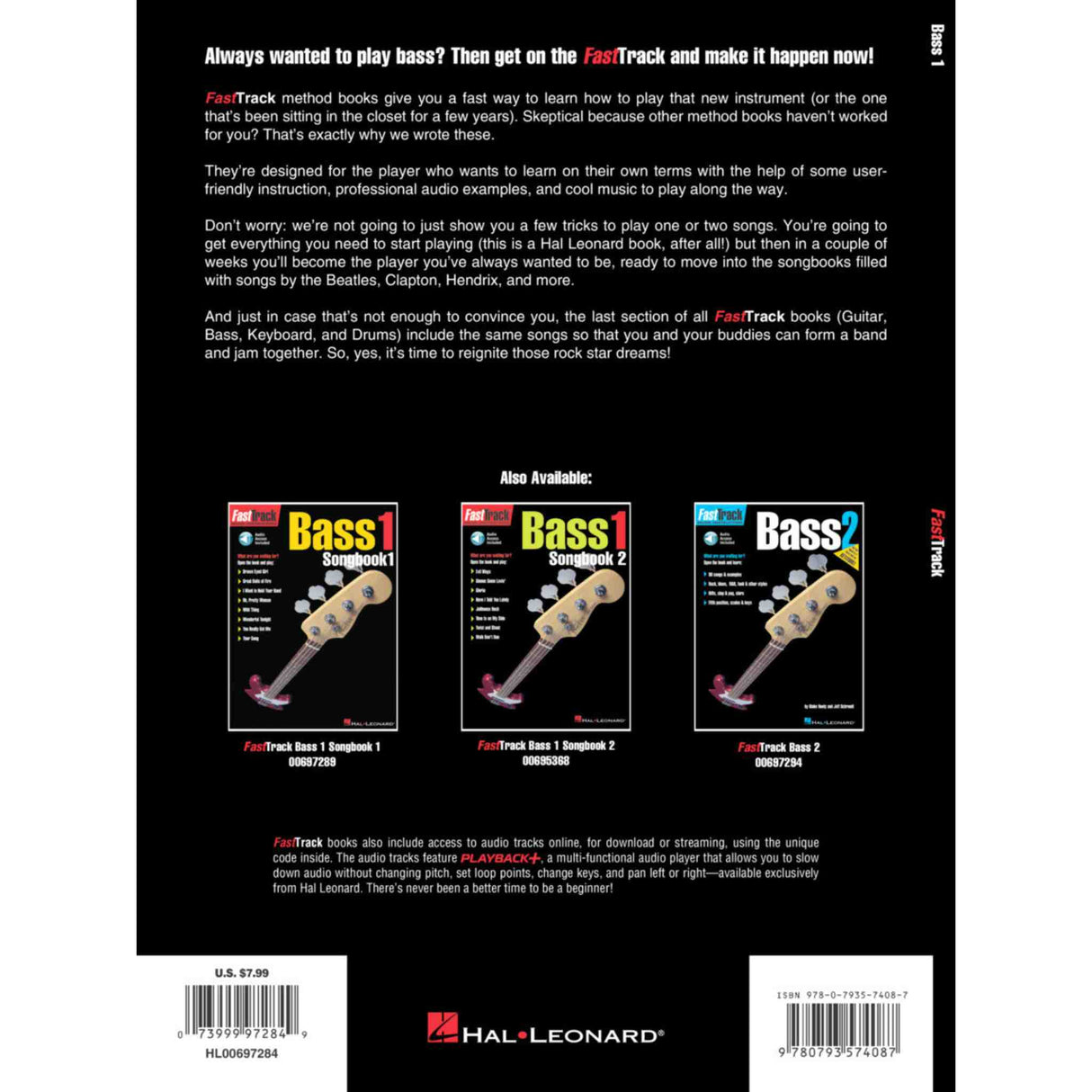 Back cover of a music book with text and images of bass instruments, featuring Hal Leonard branding.