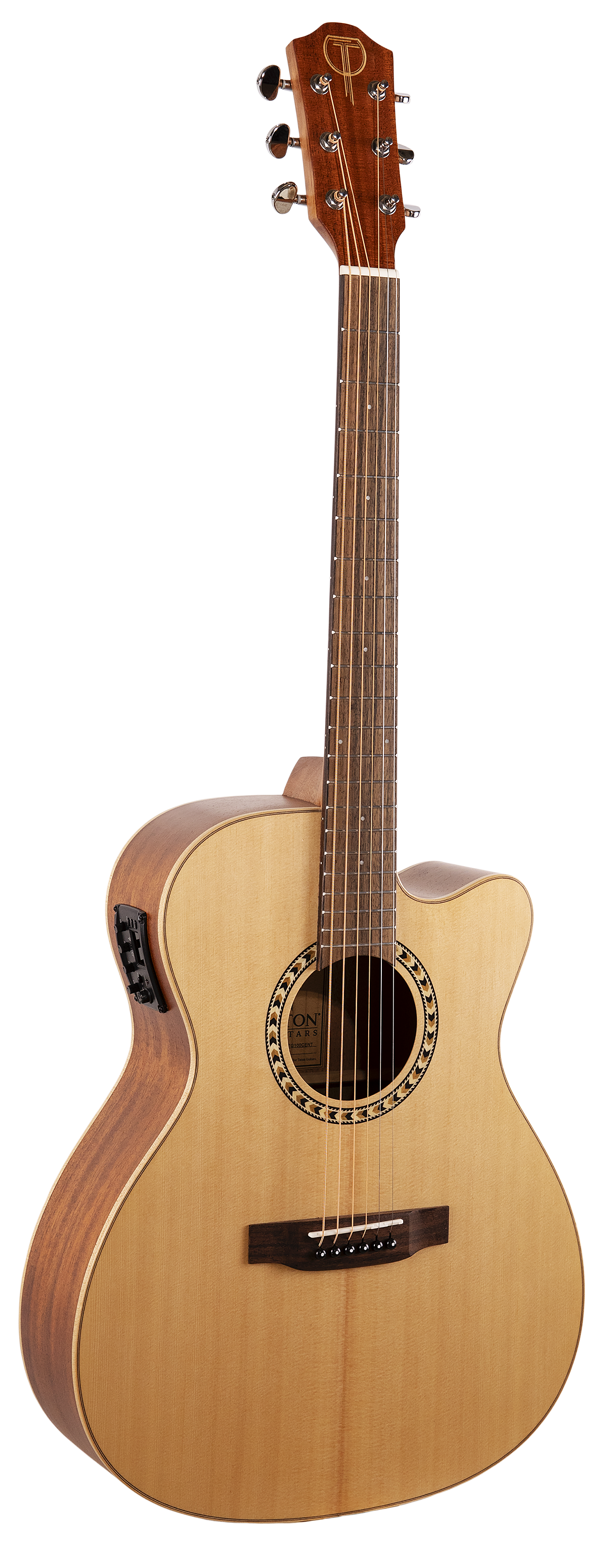 The image shows a cutaway acoustic-electric guitar with a natural light wood top and darker back and sides. It features a round sound hole with decorative rosette, built-in pickup/preamp system, mahogany-colored headstock with chrome tuning pegs, dark rosewood fretboard with inlays, and a traditional bridge with a bone or plastic saddle. This mid-to-high-end guitar is designed for versatile acoustic and amplified playing.