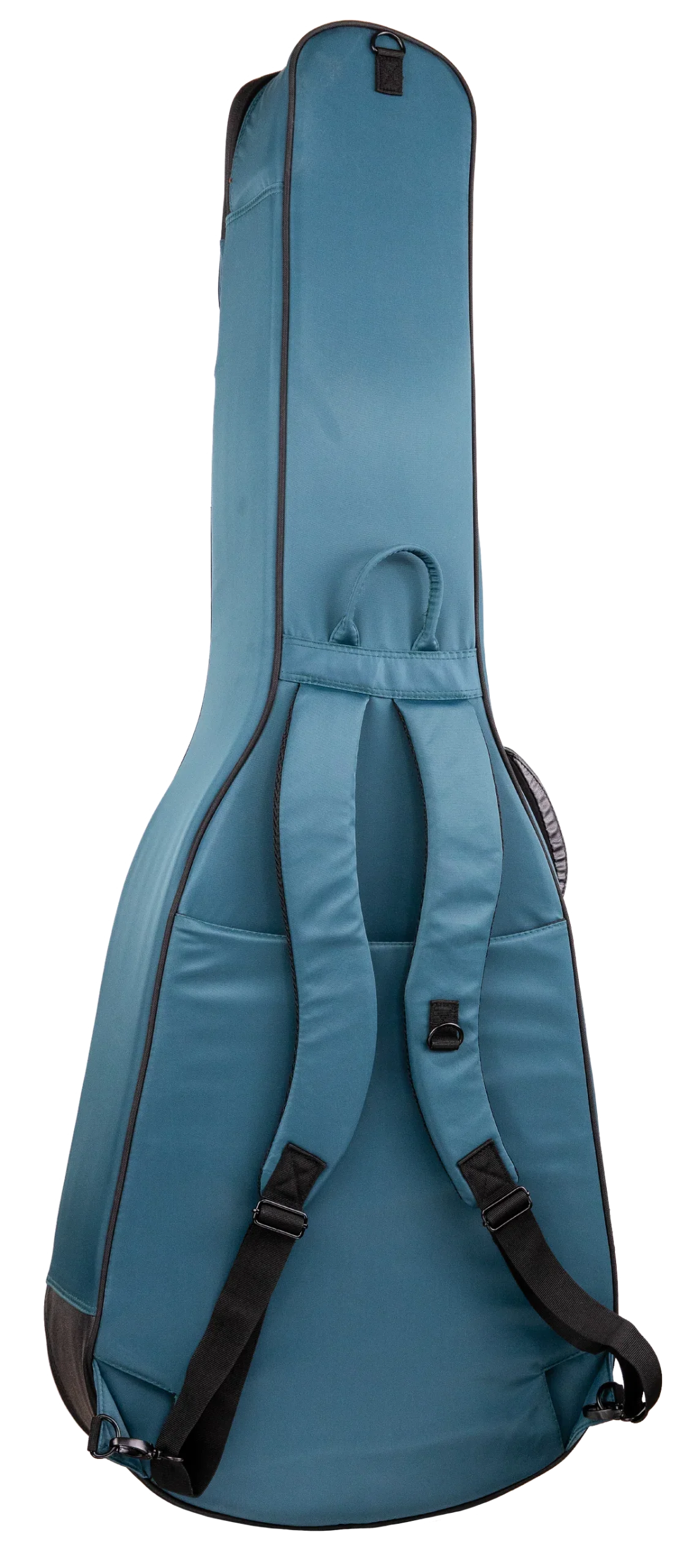 The image shows a teal padded soft-shell guitar gig bag with backpack straps and a top handle. It features a full-length zipper, an external front pocket for accessories, and reinforced edges for durability. Designed for full-size acoustic or electric guitars, it offers lightweight, portable protection ideal for everyday transport.