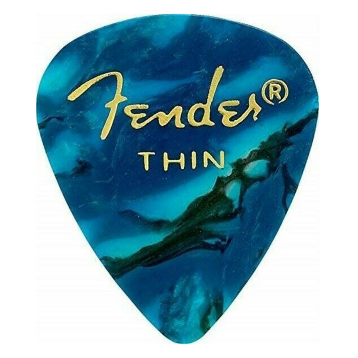 The image shows a Fender guitar pick with a blue marbled, ocean wave pattern. It features the gold Fender logo and "THIN" indicating its thickness. The swirling blue and teal design has darker veins, resembling natural stone or waves. This thin pick offers flexibility and a softer string attack, popular among rhythm guitarists. Fender picks are well-known for their quality and variety in the music industry.