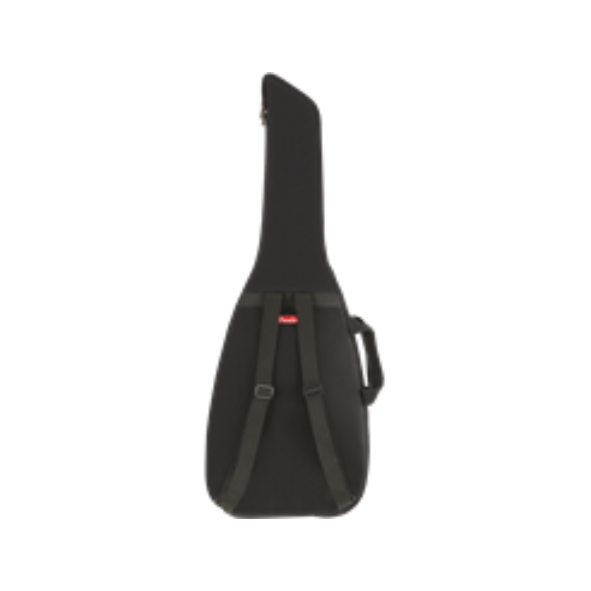The image shows a black padded guitar gig bag made of durable fabric. It features backpack-style straps, a top handle, a small red logo, and front pockets for accessories. The case follows the classic tapered guitar shape and offers lightweight, portable protection against bumps and scratches, ideal for transporting guitars to gigs, lessons, or practice.