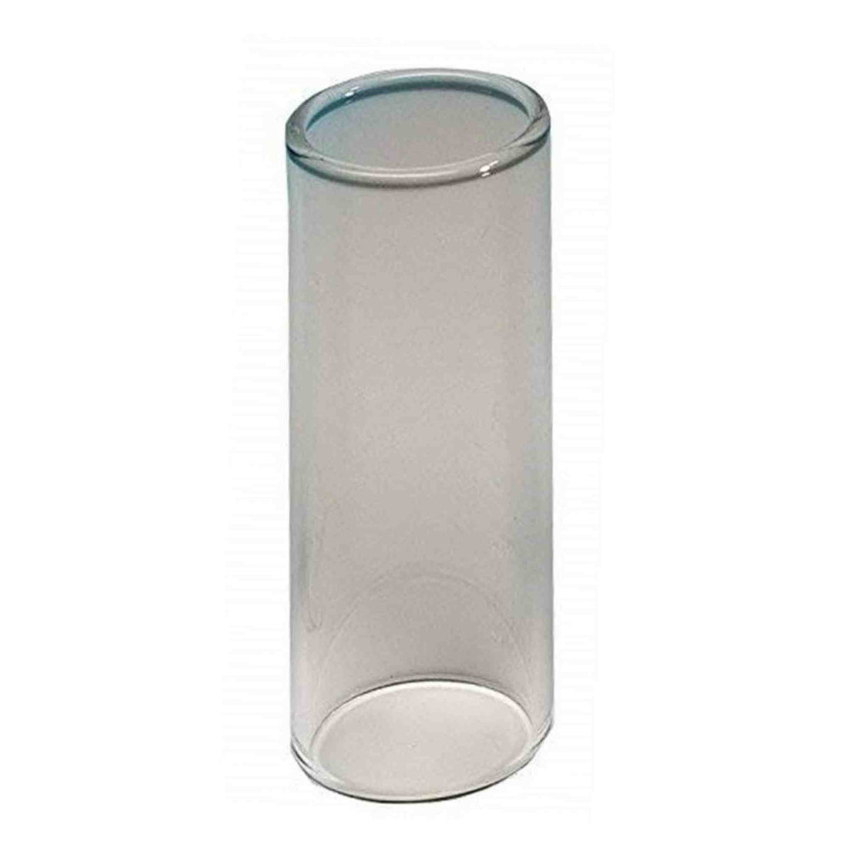 The image shows a clear glass guitar slide, a cylindrical tube used as an accessory for slide guitar playing. It features a classic straight-walled design. Guitar slides are worn on the ring or pinky finger to glide along strings, producing smooth, bending tones common in blues, rock, and country. Glass slides offer bright tone, smooth contact, durability, and good sustain, essential for achieving the distinctive bottleneck sound.