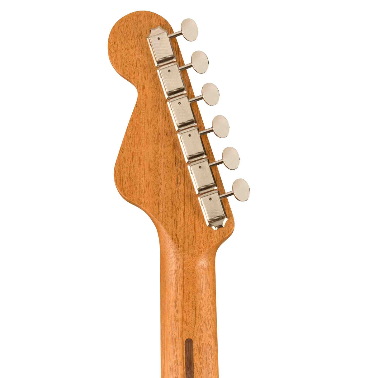 Back view of the headstock of a Fender Highway Series Parlor acoustic electric all mahogany guitar.