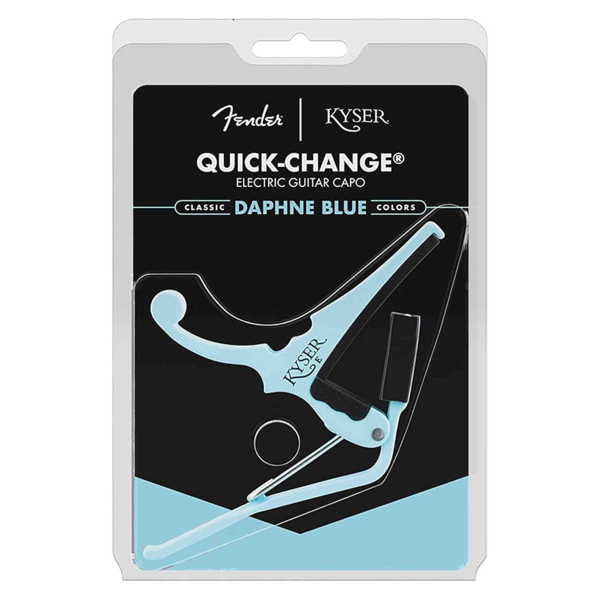 The image shows a packaged Fender Kyser Quick-Change Electric Guitar Capo in Daphne Blue. The packaging features Fender and Kyser logos, the product name, and highlights the classic Daphne Blue color. The capo is light blue with a spring-loaded design for quick, one-handed clamping. It’s a guitar accessory used to raise string pitch by clamping across the fretboard.