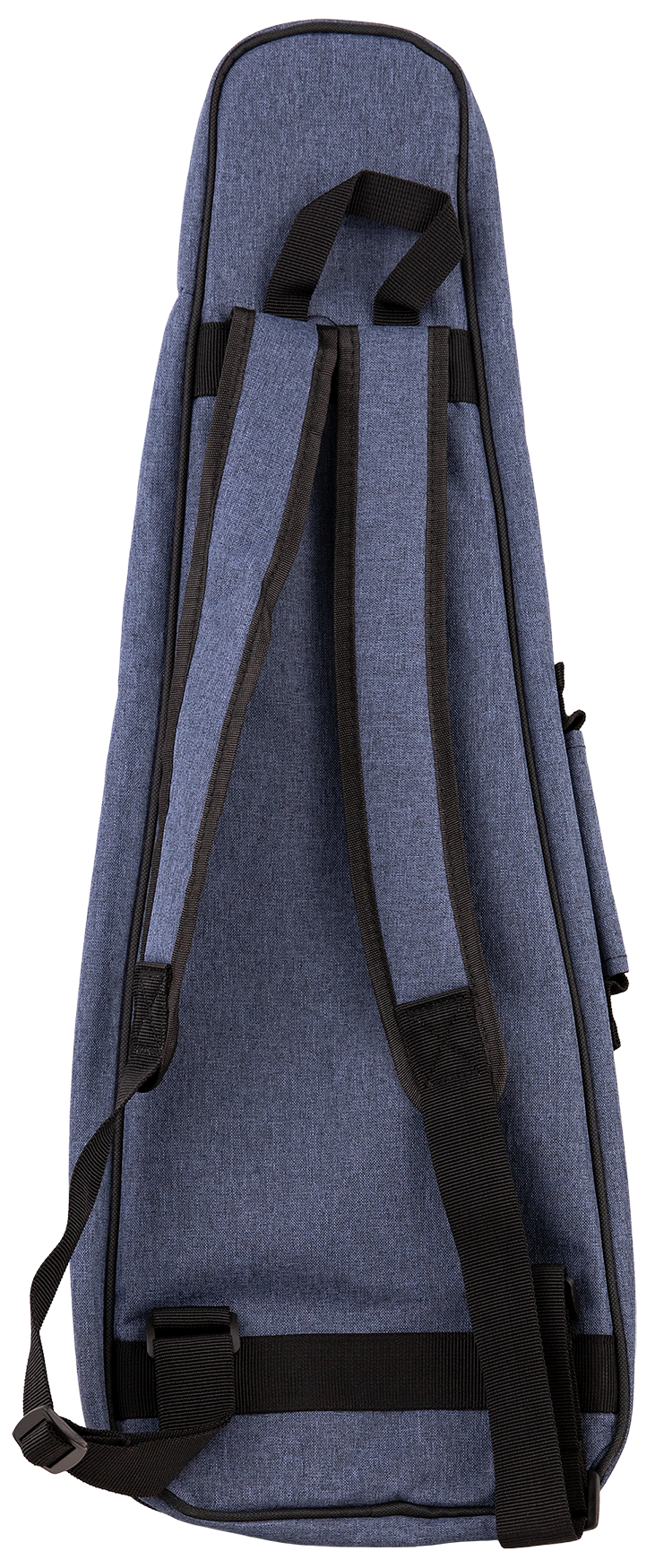The image shows a soft-sided, blue-gray denim or canvas gig bag for a guitar, mandolin, or similar stringed instrument. It features black trim, reinforcement straps, and multiple black nylon backpack-style shoulder straps plus carrying handles. Designed for hands-free transport, it offers lightweight, portable protection ideal for traveling musicians who need mobility and convenience.
