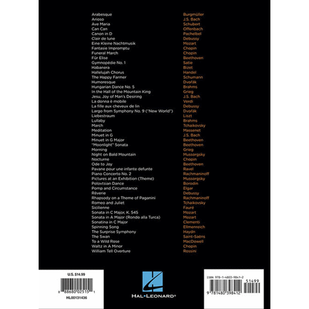 The image shows the back cover of a Hal Leonard classical music book featuring a list of famous compositions by Bach, Beethoven, Chopin, Mozart, Tchaikovsky, Debussy, Brahms, Handel, and others. Included are classics like "Air on G String," "Moonlight Sonata," "Hallelujah Chorus," and "Canon in D." The bottom displays the Hal Leonard logo, ISBN barcode, and a $14.99 price, indicating a sheet music collection for students and amateur musicians.