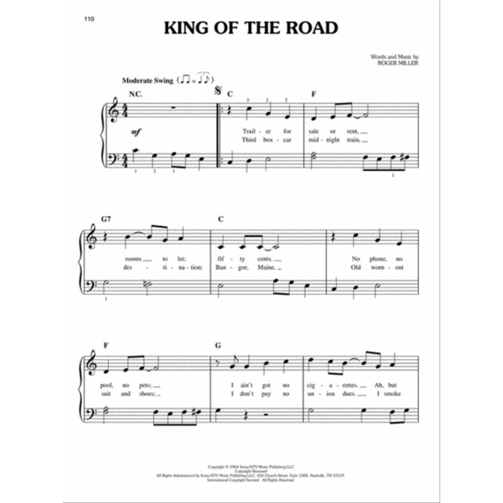 The image shows sheet music for "King of the Road" by Roger Miller on page 110. It features the title, credit to Roger Miller, treble and bass clefs with piano accompaniment, a "Moderate Swing" tempo marking, chord symbols (C, F, G7, G), and lyrics beneath the notes including "Trailer for sale or rent." The professionally printed page includes melody, lyrics, and copyright details at the bottom.