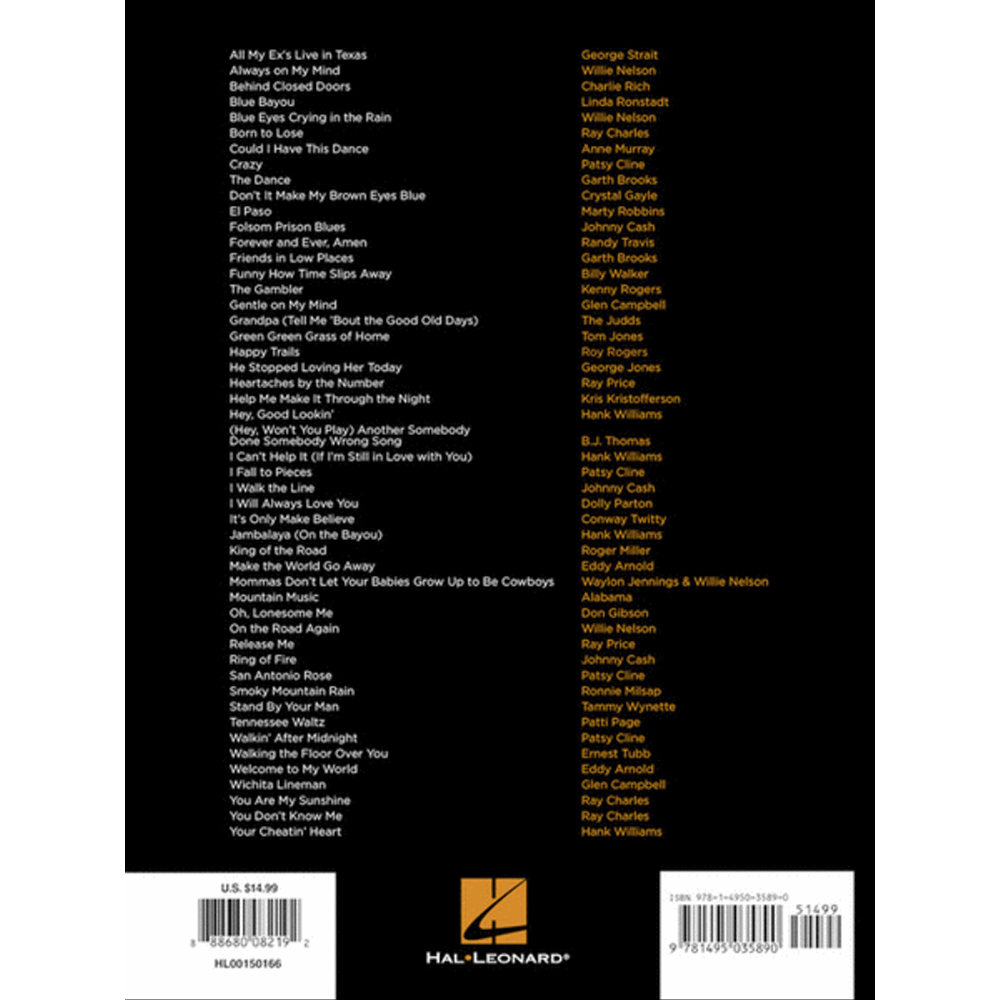 The image shows the back cover of a Hal Leonard music book featuring their logo, a tracklist of classic country and popular songs like "All My Ex's Live in Texas," "Crazy," and "Friends in Low Places," attributed to artists such as George Strait, Patsy Cline, and Johnny Cash. It displays a price of $14.99 along with barcodes and product details, indicating a country music songbook with sheet music or lyrics.
