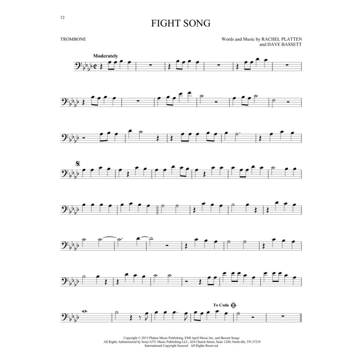 print music for 'Fight Song' by Rachel Platten and Dave Bassett, specifically for trombone.