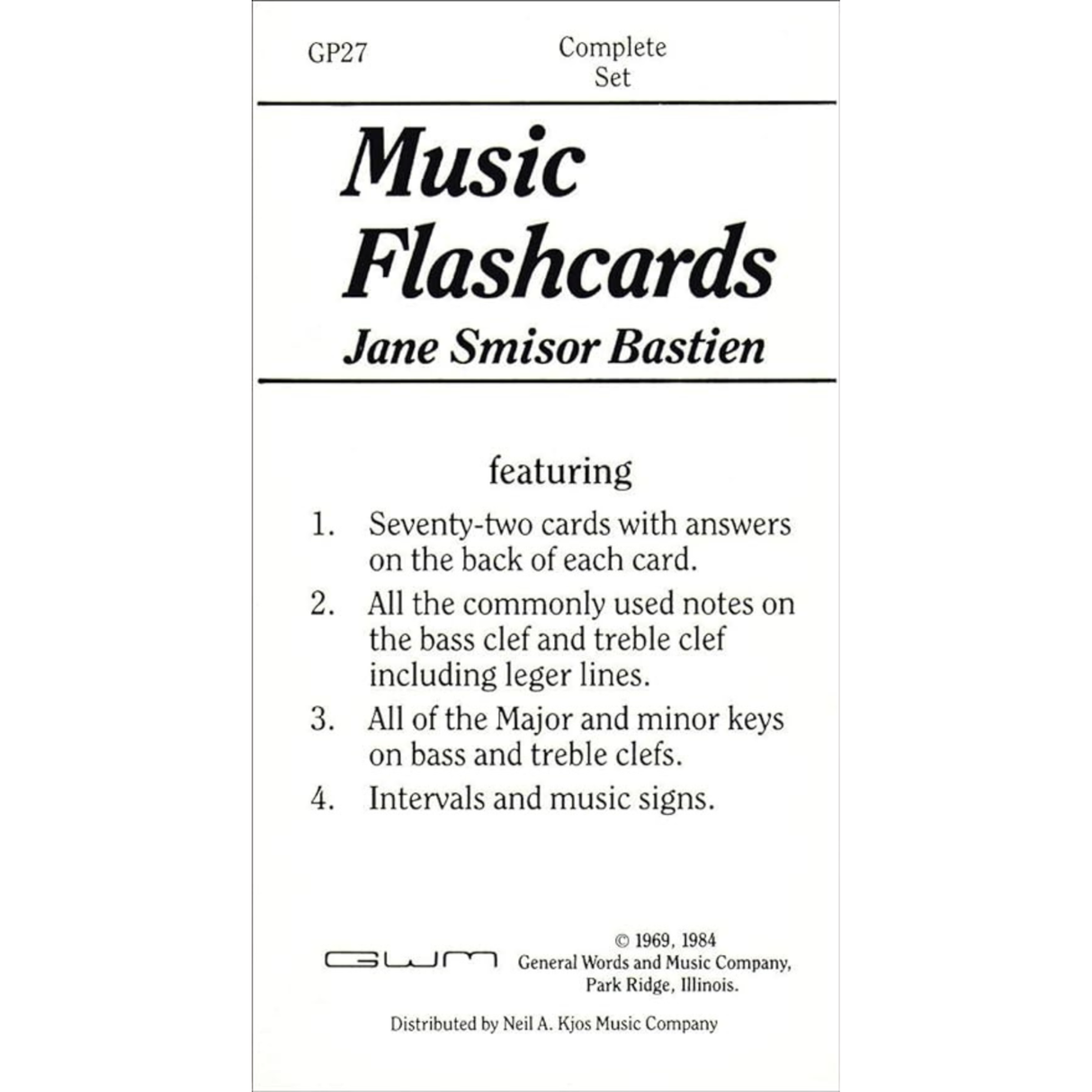 The image shows a set of Music Flashcards by Jane Smisor Bastien, model GP27, a complete set of 72 cards featuring note identification, key signatures, intervals, and music signs for bass and treble clefs. Designed for music students and teachers, it’s published by General Words and Music Company and distributed by Neil A. Kjos Music Company. The cards are a classic educational tool dating back to 1969 and 1984.