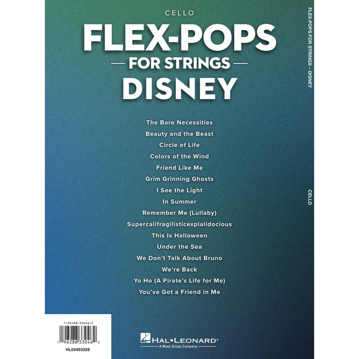 The back cover of the sheet music book 'Flex-Pops for Strings Disney' on cello with a blue gradient background.