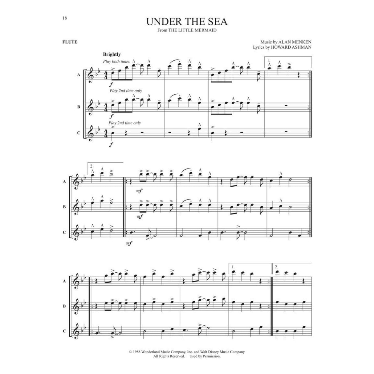 Sheet music for 'Under the Sea' from 'The Little Mermaid' with flute notation.