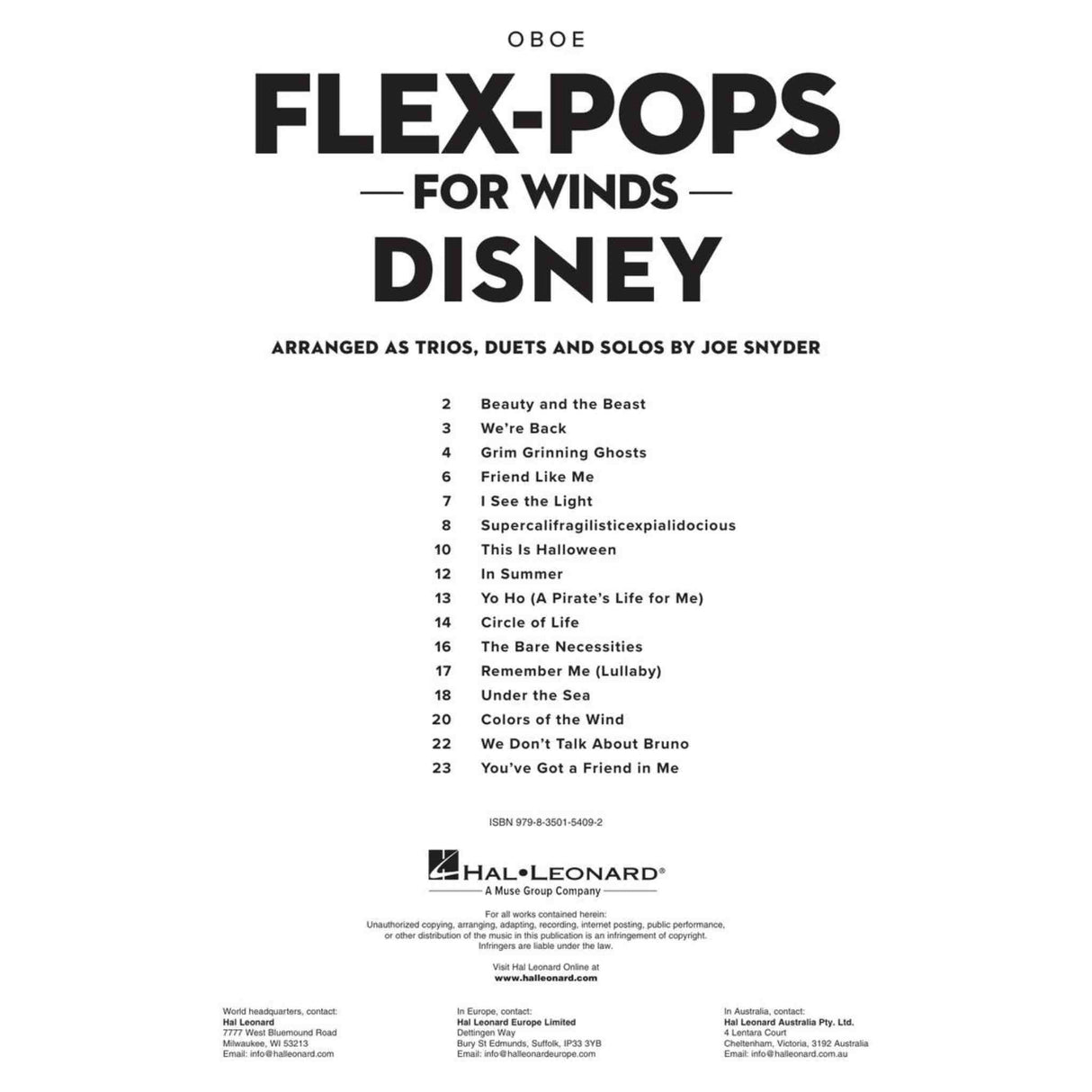 Table of contents for the music book 'Flex-Pops for Winds Disney' arranged by Joe Snyder, featuring a list of songs for oboe on a white background.