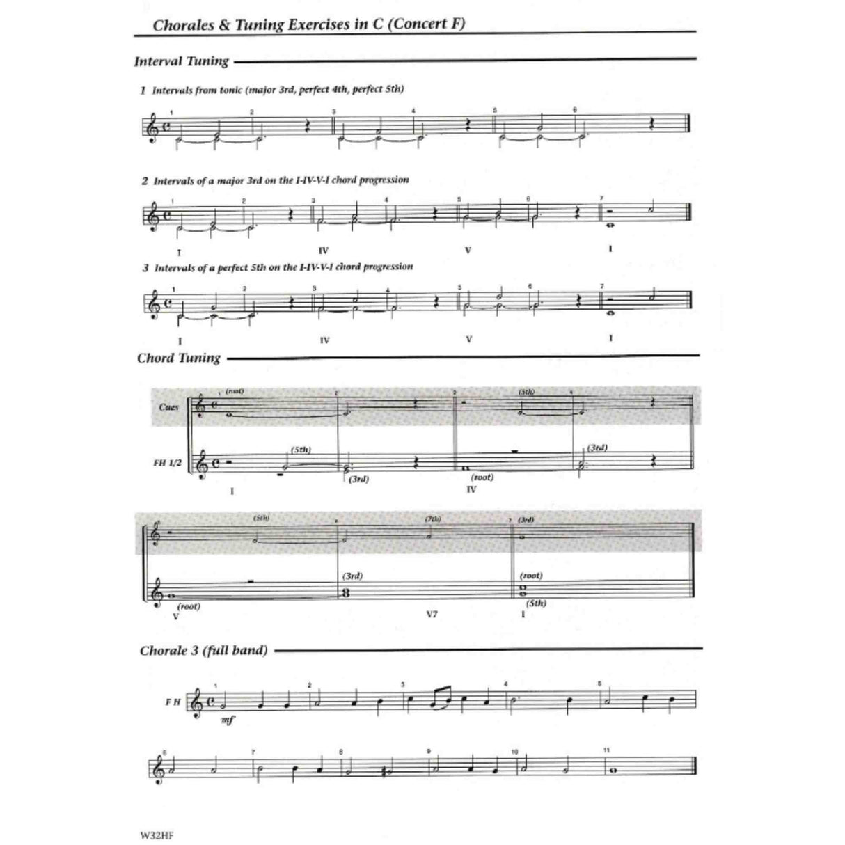 Sheet music for French Horn choral and tuning exercises in C (Concert F) with musical notation.