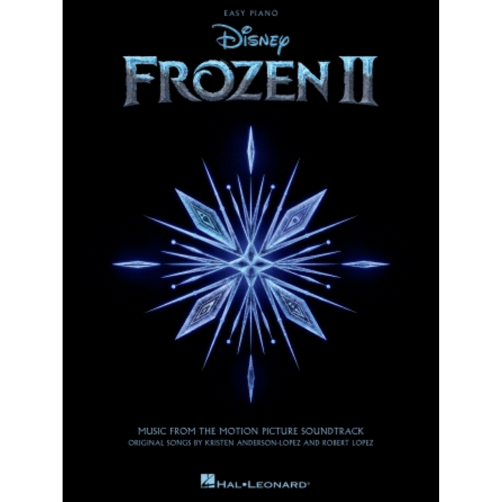 The image shows the cover of a Disney "Frozen II" Easy Piano sheet music book. It features the Disney logo, the title "FROZEN II" in icy, stylized text, and a blue and white crystalline snowflake design on a black background. The cover notes it includes music from the motion picture soundtrack with original songs by Kristen Anderson-Lopez and Robert Lopez. Published by Hal Leonard, it is designed for beginner to intermediate piano players.