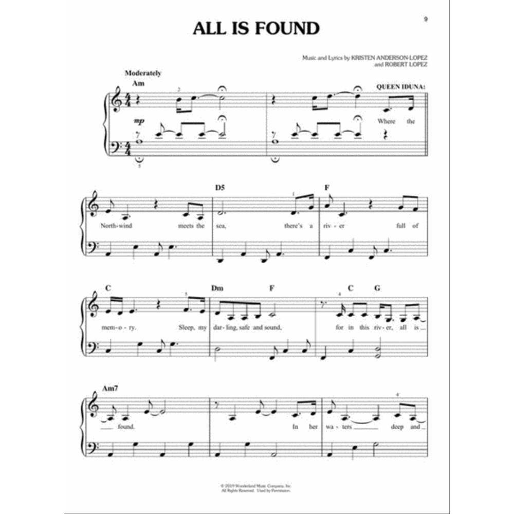 The image shows a page of sheet music titled "All Is Found" by Kristen Anderson-Lopez and Robert Lopez. It is a piano and voice arrangement in A minor, marked moderately with a 4/4 time signature. The music includes treble and bass clefs, chord symbols (Am, D5, F, C, Dm, G, Am7), dynamic marking mp, and partial lyrics: "Where the North wind meets the sea... for in her waters deep..."