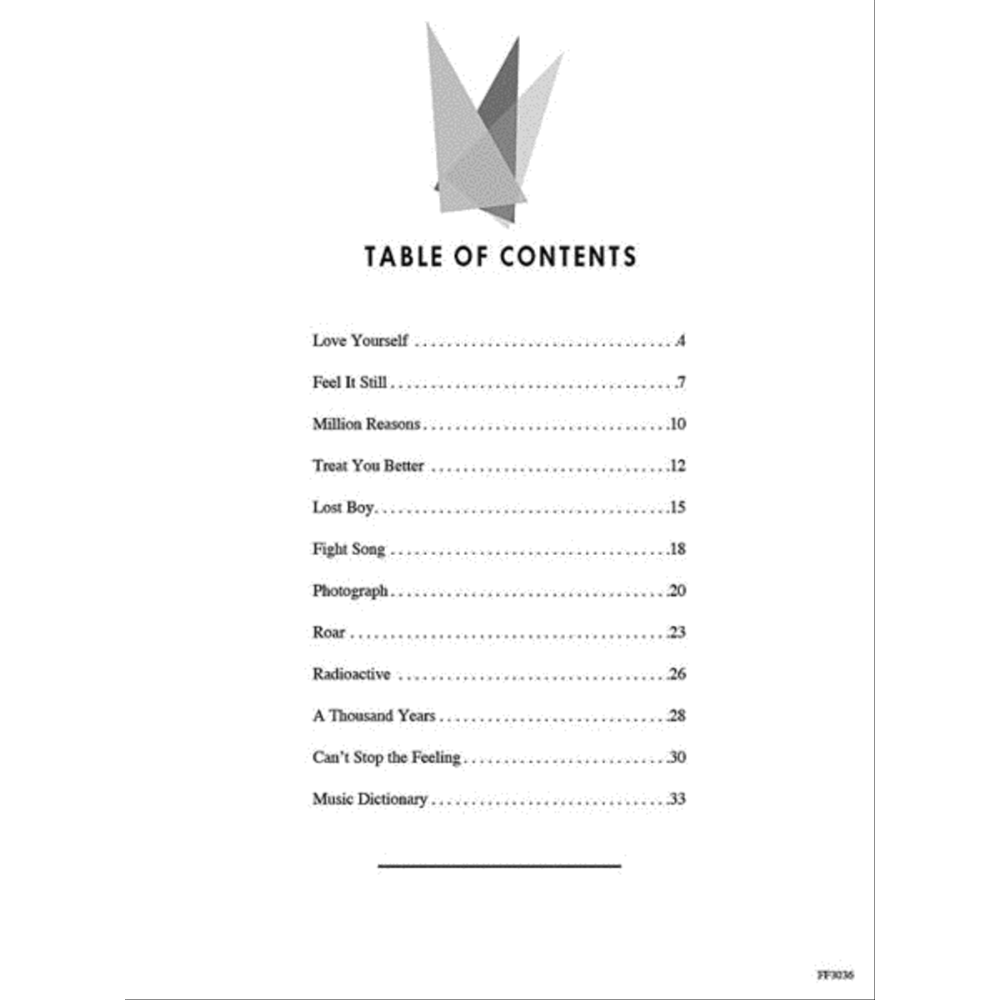 The image shows a table of contents page from a contemporary popular music songbook featuring a crown logo and the heading "TABLE OF CONTENTS." It lists 12 songs with page numbers, including hits like "Love Yourself," "Roar," and "Can't Stop the Feeling," plus a "Music Dictionary." The book likely contains sheet music or chord charts for songs by artists such as Justin Bieber, Katy Perry, and Ed Sheeran, serving as an educational resource for musicians.