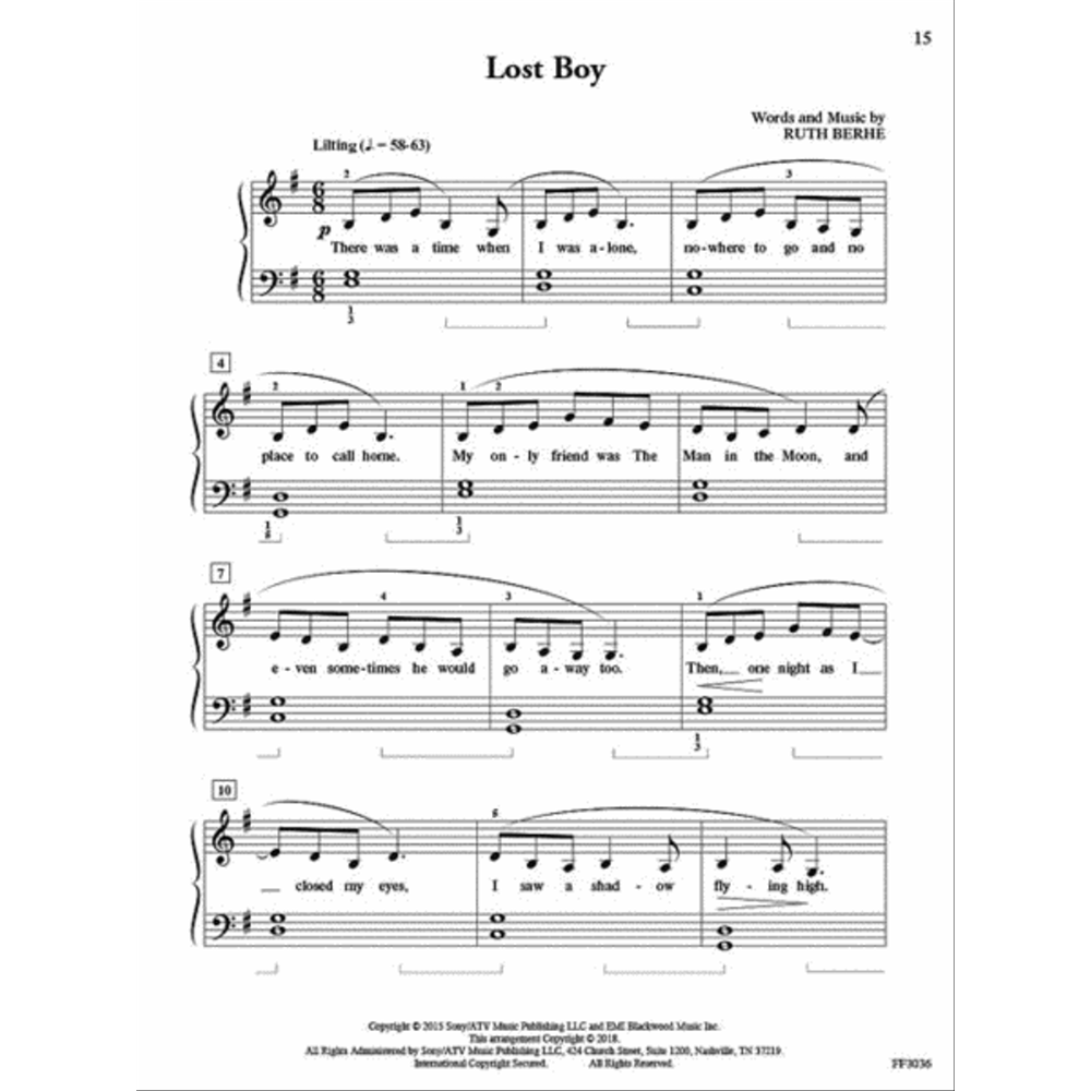 The image shows page 15 of a professionally published sheet music for "Lost Boy" by Ruth Berhe, in F major, 6/8 time, with a tempo of ♩=58-63. It features piano accompaniment with treble and bass clefs, vocal melody with lyrics, chord symbols, fingering, phrase markings, and a dynamic "p" marking. Visible lyrics begin: "There was a time when I was alone..."